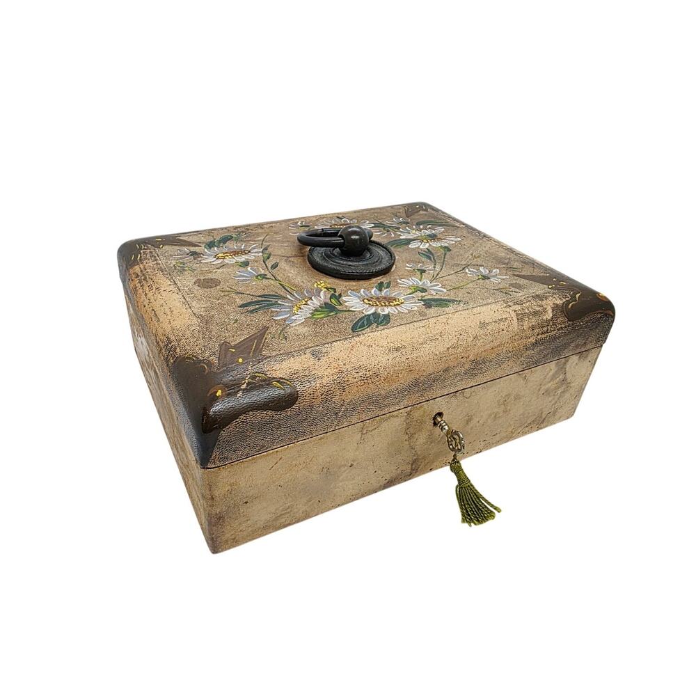 Vintage Leather Hand Painted Floral Jewelry Trinket Box with Key